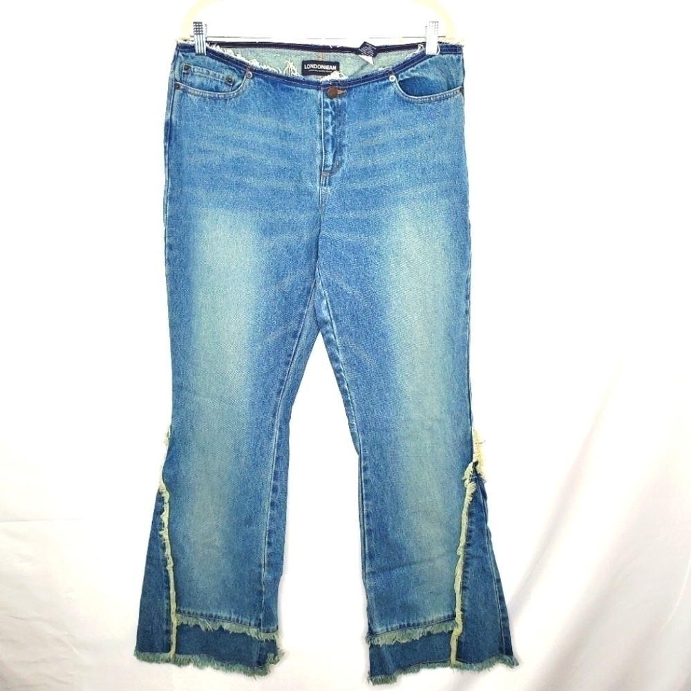 LondonJean Flare Fringe Trim Jeans Size 14 Y2K Retro Frayed Waist Boho Denim